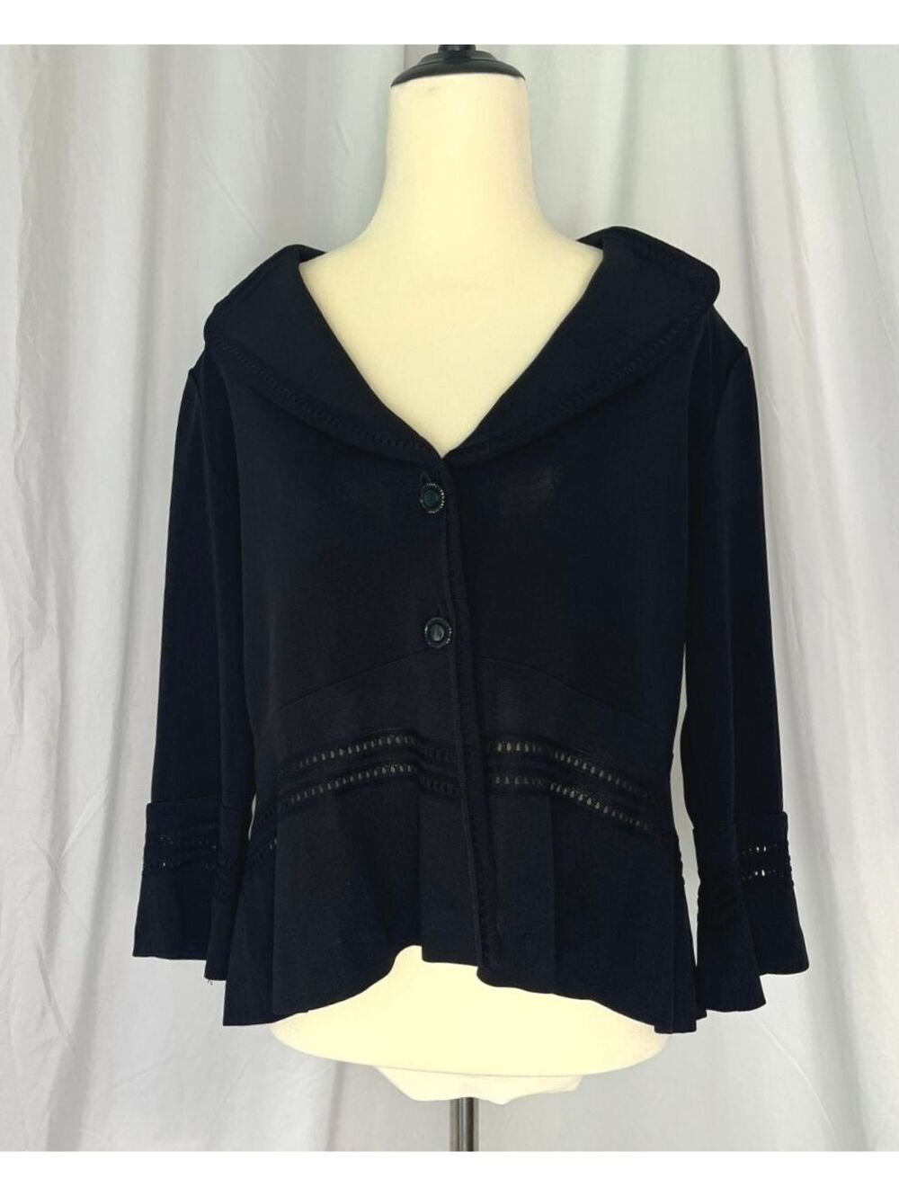Exclusively Misook Petite Black Peplum Jacket | Crochet Trim Cardigan | M